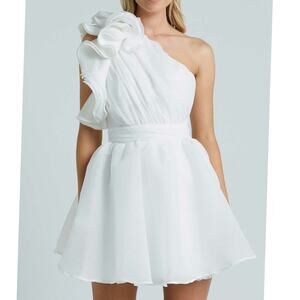 Showpo Avriella Ruffle One Shoulder Ivory White Mini Dress Women Sz L Bride LWD